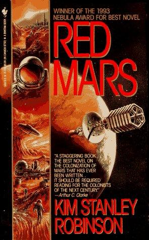 Cover of the 1993 Spectra paperback edition of Red Mars by Kim Stanley Robinson, showing an astronaut figure above a red Martian landscape with a space capsule.